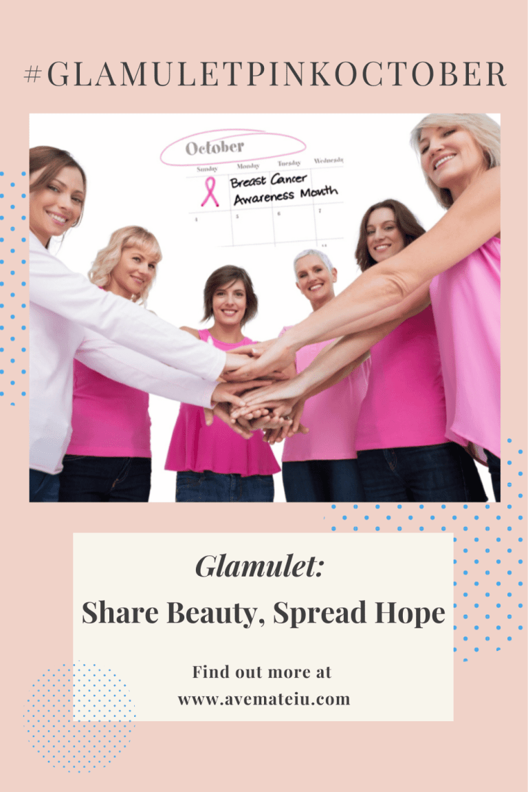 Group of women in pink tops join hands, smiling for Breast Cancer Awareness Month. Text reads: "Glamulet: Share Beauty, Spread Hope." Hashtag "#GLAMULETPINKOCTOBER".