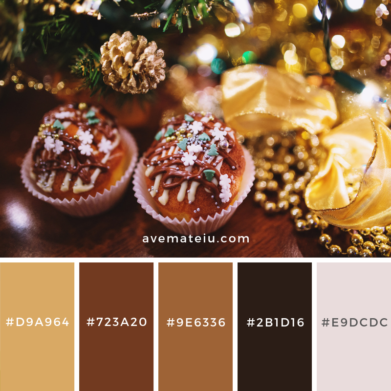 Two Cupcakes with Winter Decor Color Palette #134 - color palette, color palettes, colour palettes, color scheme, color inspiration, color combination, art tutorial, collage, digital art, canvas painting, wall art, home painting, photography, weddings by color, inspiration, vintage, wallpaper, background, rustic, seasonal, season, natural, nature