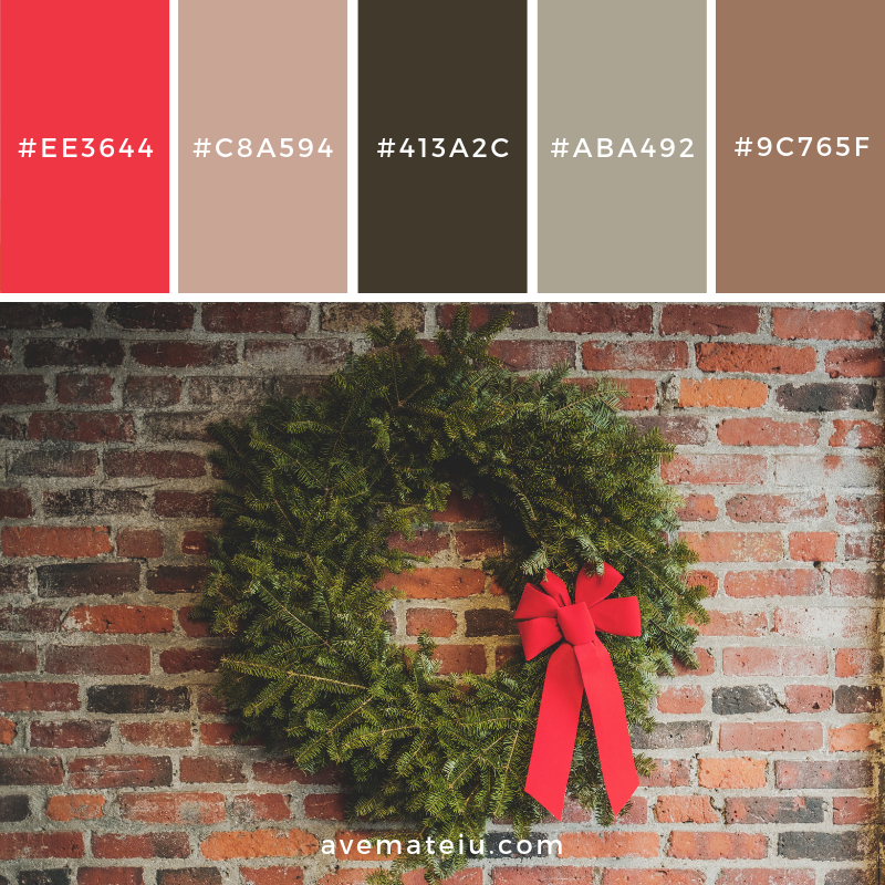 Wall, brick, wreath and ribbon – Color Palette #148 - color palette, color palettes, colour palettes, color scheme, color inspiration, color combination, art tutorial, collage, digital art, canvas painting, wall art, home painting, photography, weddings by color, inspiration, vintage, wallpaper, background, rustic, seasonal, season, natural, nature