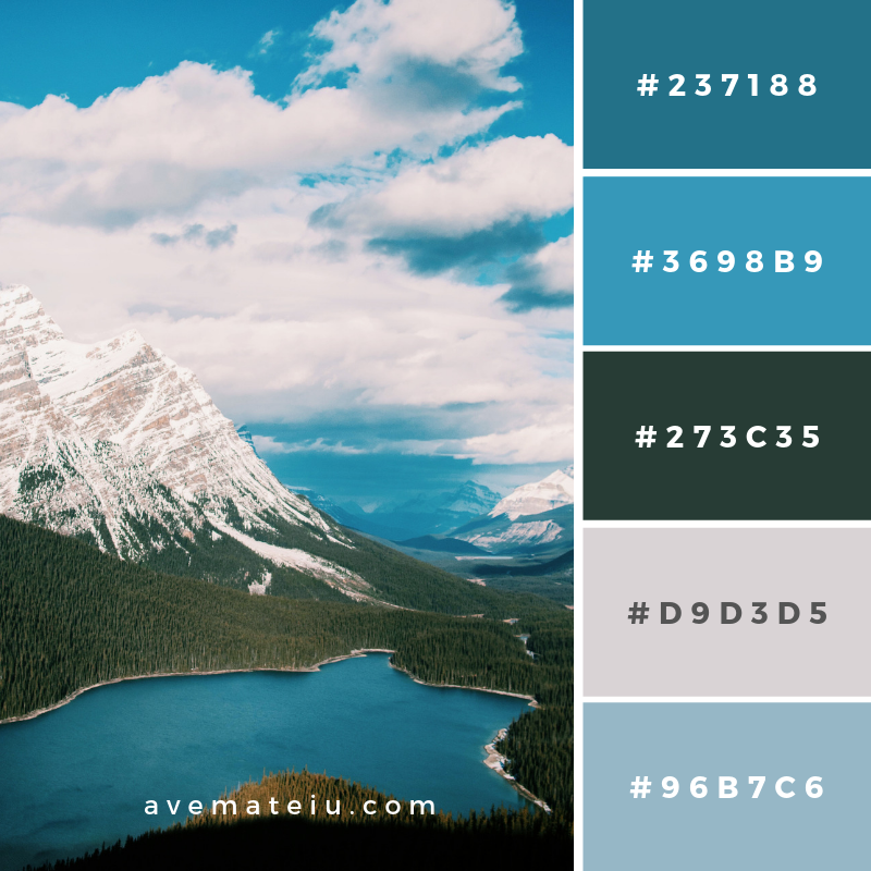 Peyto Lake, Canada Color Palette #173 Color combination, Color pallets, Color palettes, Color scheme, Color inspiration, Colour Palettes, Art, Inspiration, Vintage, Bright, Blue, Warm, Dark, Design, Yellow, Green, Grey, Red, Purple, Rustic, Fall, Autumn, Winter, Christmas 2019, Nature, Spring, Summer, Flowers, Sunset, Sunrise, Pantone https://avemateiu.com/color-palettes/