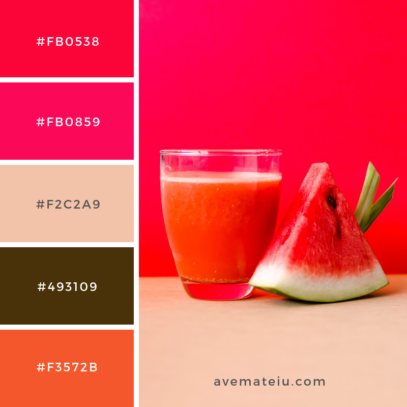 Watermelon shake Color Palette #199 - Color combination, Color pallets, Color palettes, Color scheme, Color inspiration, Colour Palettes, Art, Inspiration, Vintage, Bright, Blue, Warm, Dark, Design, Yellow, Green, Grey, Red, Purple, Rustic, Fall, Autumn, Winter, Spring 2019, Nature, Spring, Summer, Flowers, Sunset, Sunrise, Pantone https://avemateiu.com/color-palettes/