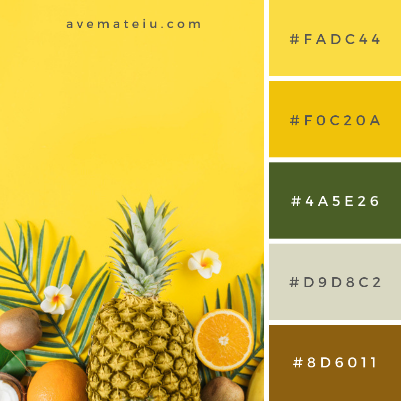 Tropical fruits and green plants. Color Palette #213 - Color combination, Color pallets, Color palettes, Color scheme, Color inspiration, Colour Palettes, Art, Inspiration, Vintage, Bright, Blue, Warm, Dark, Design, Yellow, Green, Grey, Red, Purple, Rustic, Fall, Autumn, Winter, Spring 2019, Nature, Spring, Summer, Flowers, Sunset, Sunrise, Pantone https://avemateiu.com/color-palettes/