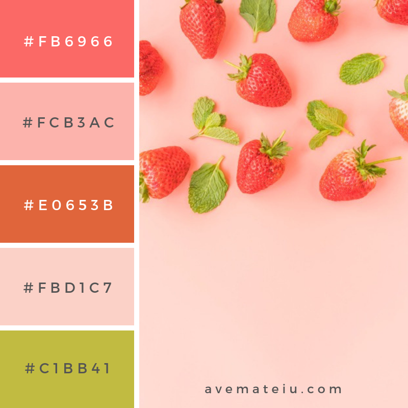 Ripe strawberries and mint leaves. Color Palette #231 - Color combination, Color pallets, Color palettes, Color scheme, Color inspiration, Colour Palettes, Abstract, Design, Background, Food, Summer, Leaf, Pink, Leaves, Colorful, Pink background, Strawberry, Herb, Mint, Berry, Greenery, Strawberries, Flat lay
