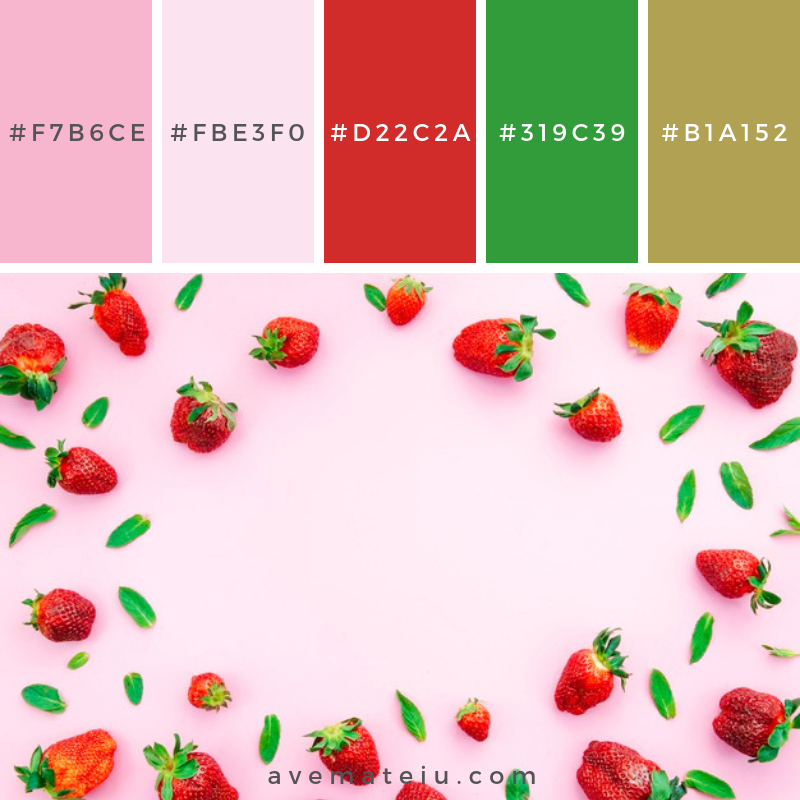 Ripe red strawberries and green leaves. Color Palette #240 - Color combination, Color pallets, Color palettes, Color scheme, Color inspiration, Colour Palettes, Art, Inspiration, Vintage, Bright, Blue, Warm, Dark, Design, Yellow, Green, Grey, Red, Purple, Rustic, Fall, Autumn, Winter, Spring 2019, Nature, Spring, Summer, Flowers, Sunset, Sunrise, Pantone https://avemateiu.com/color-palettes/
