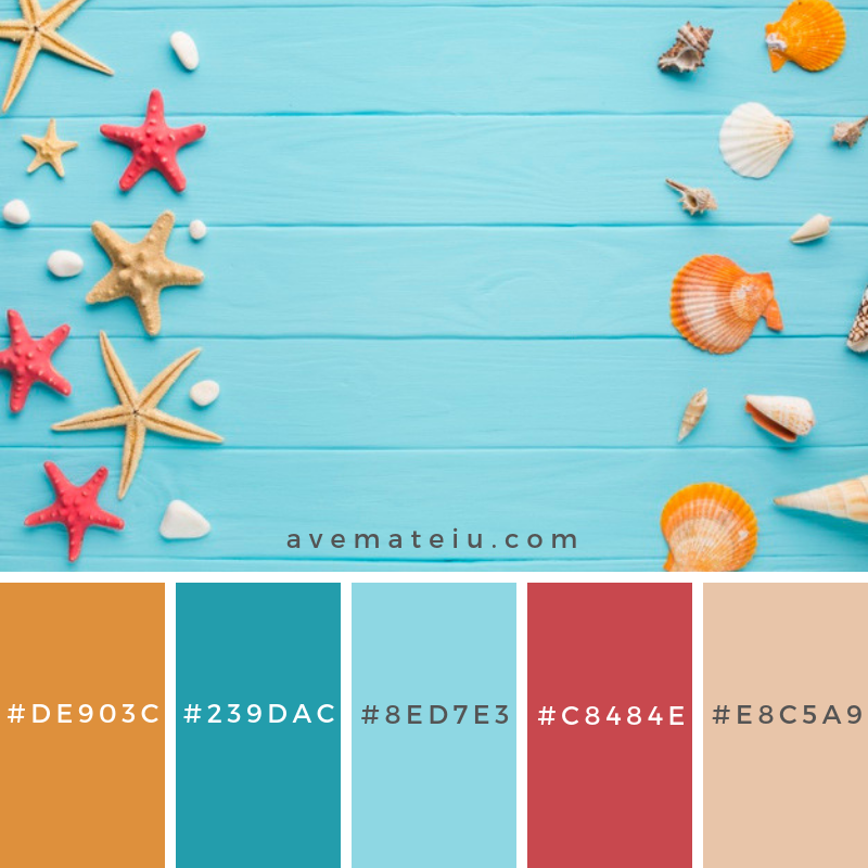 Flat lay starfish and seashells Color Palette #250 - Color combination, Color pallets, Color palettes, Color scheme, Color inspiration, Colour Palettes, Art, Inspiration, Vintage, Bright, Blue, Warm, Dark, Design, Yellow, Green, Grey, Red, Purple, Rustic, Fall, Autumn, Winter, Summer 2019, Nature, Spring, Summer, Flowers, Sunset, Sunrise, Pantone https://avemateiu.com/color-palettes/
