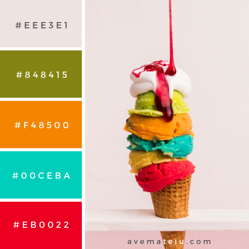 Colorful ice cream tower with syrup Color Palette #263 - Color combination, Color pallets, Color palettes, Color scheme, Color inspiration, Colour Palettes, Art, Inspiration, Vintage, Bright, Blue, Warm, Dark, Design, Yellow, Green, Grey, Red, Purple, Rustic, Fall, Autumn, Winter, Summer 2019, Nature, Spring, Summer, Flowers, Sunset, Sunrise, Pantone https://avemateiu.com/color-palettes/