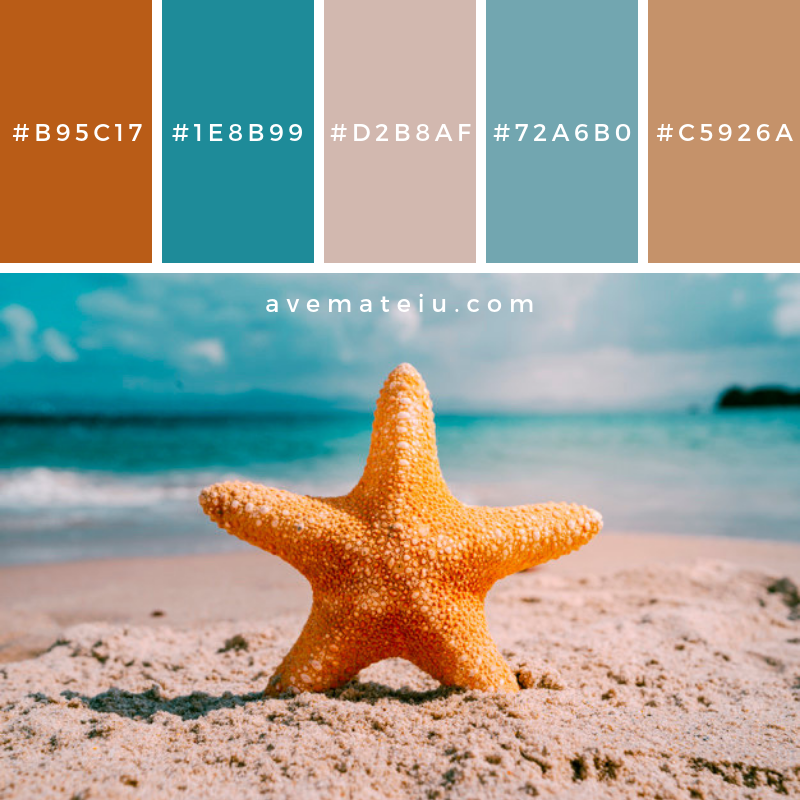 Beach background with starfish Color Palette #268 - Color combination, Color pallets, Color palettes, Color scheme, Color inspiration, Colour Palettes, Art, Inspiration, Vintage, Bright, Blue, Warm, Dark, Design, Yellow, Green, Grey, Red, Purple, Rustic, Fall, Autumn, Winter, Summer 2019, Nature, Spring, Summer, Flowers, Sunset, Sunrise, Pantone https://avemateiu.com/color-palettes/