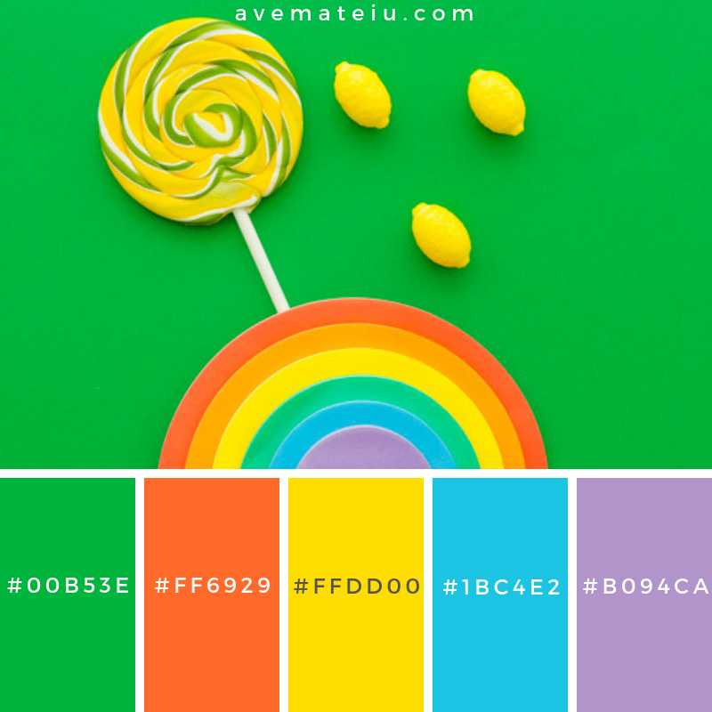 Rainbow near lollipop and lemon candies on green background Color Palette #278 - Color combination, Color pallets, Color palettes, Color scheme, Color inspiration, Colour Palettes, Art, Inspiration, Vintage, Bright, Blue, Warm, Dark, Design, Yellow, Green, Grey, Red, Purple, Rustic, Fall, Autumn, Winter, Summer 2019, Nature, Spring, Summer, Flowers, Sunset, Sunrise, Pantone https://avemateiu.com/color-palettes/