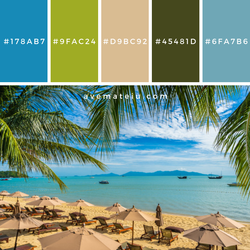 Beautiful tropical beach sea and ocean with coconut palm tree and umbrella and chair on blue sky Color Palette #304 - Color combination, Color pallets, Color palettes, Color scheme, Color inspiration, Colour Palettes, Art, Inspiration, Vintage, Bright, Blue, Warm, Dark, Design, Yellow, Green, Grey, Red, Purple, Rustic, Fall, Autumn, Winter, Summer 2019, Nature, Spring, Summer, Flowers, Sunset, Sunrise, Pantone https://avemateiu.com/color-palettes/