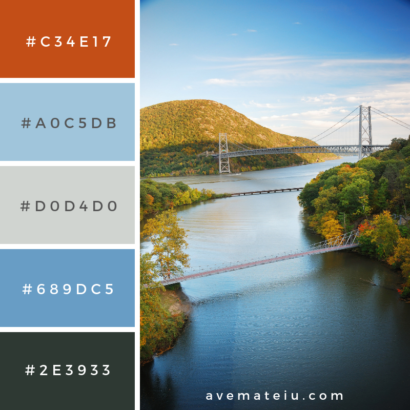 Hudson River valley in Autumn Color Palette #339 - Color combination, Color pallets, Color palettes, Color scheme, Color inspiration, Colour Palettes, Art, Inspiration, Vintage, Bright, Blue, Warm, Dark, Design, Yellow, Green, Grey, Red, Purple, Rustic, Fall, Autumn, Winter, Autumn 2019, Nature, Spring, Summer, Flowers, Sunset, Sunrise, Pantone https://avemateiu.com/color-palettes/