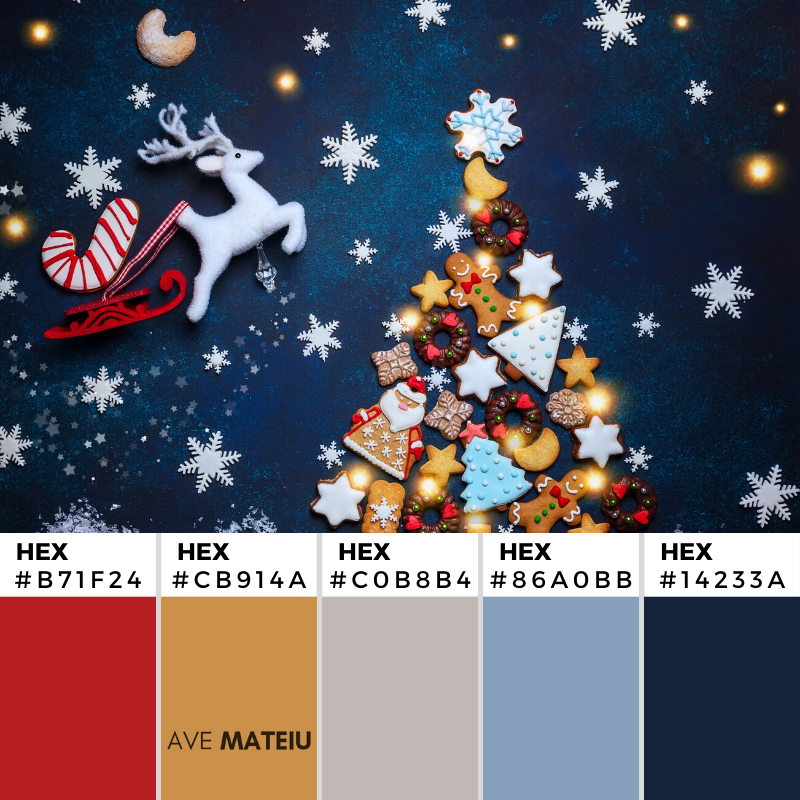 Assorted Christmas cookies in the shape of a Christmas tree on the blue background. Top view. Color Palette 362 with Hex Codes - Color combination, Color pallets, Color palettes, Color scheme, Color inspiration, Colour Palettes, Art, Inspiration, Vintage, Bright, Background, Warm, Dark, Design, Yellow, Green, Orange, Red, Purple, Rustic, Fall, Christmas, Thanksgiving, Christmas 2019, Nature, Seasonal, Wood, Wooden, Season, Natural