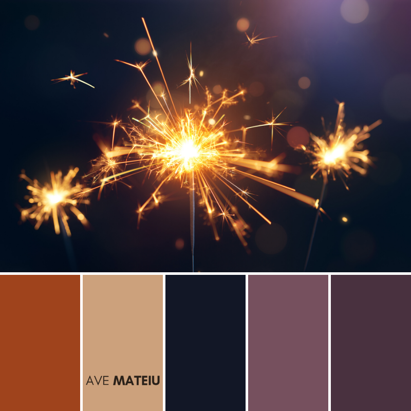 Burning sparkler, Happy New Year Color Palette 366 - Color combination, Color pallets, Color palettes, Color scheme, Color inspiration, Colour Palettes, Art, Inspiration, Vintage, Bright, Background, Warm, Dark, Design, Yellow, Green, Orange, Red, Purple, Rustic, Fall, Christmas, Thanksgiving, Christmas 2019, Nature, Seasonal, Wood, Wooden, Season, Natural