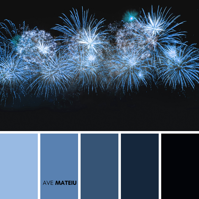 Blue color firework Color Palette 374 - Summer 2020, color palette, color palettes, colour palettes, color scheme, color inspiration, color combination, art tutorial, collage, digital art, canvas painting, wall art, home painting, photography, weddings by color, inspiration, vintage, wallpaper, background, rustic, seasonal, season, natural, nature