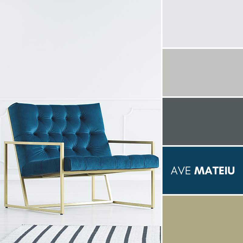 A minimalist living room interior with a white empty wall, elegant royal blue armchair with a metal golden frame and a striped rug Color Palette #377 - Summer 2020, color palette, color palettes, colour palettes, color scheme, color inspiration, color combination, art tutorial, collage, digital art, canvas painting, wall art, home painting, photography, weddings by color, inspiration, vintage, wallpaper, background, rustic, seasonal, season, natural, nature
