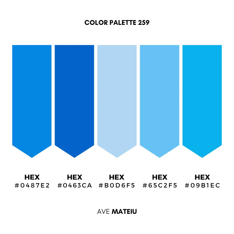 Color Palette 259 Color Swatches | Ocean Blue Inspiration Beautiful Sea and Ocean on White Cloud and Blue Sky Color Palette 259 by Ave Mateiu displaying five blue-inspired color swatches with hex codes #0487E2, #0463CA, #B0D6F5, #65C2F5, and #09B1EC