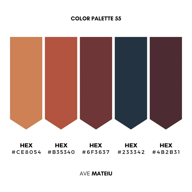 Bloody Moon Color Palette 55 by Ave Mateiu displaying five moon-inspired color swatches with hex codes #CE8054, #B35340, #6F3637, #233342, and #4B2B31