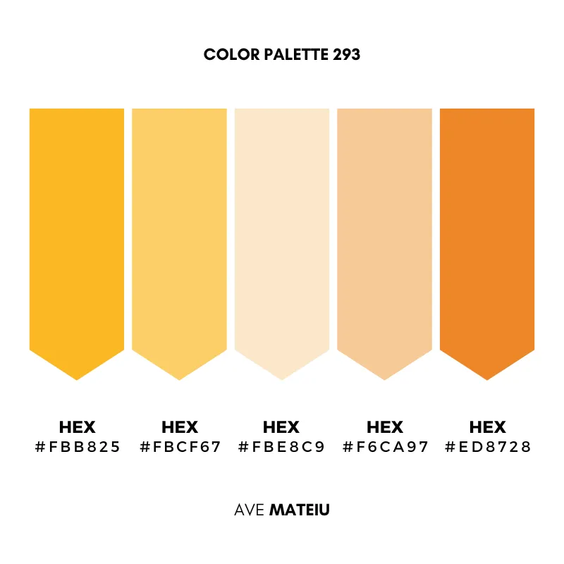 Orange Sunset Above Sea Color Palette 293 by Ave Mateiu displaying five sunset-inspired color swatches with hex codes #FBB825, #FBCF67, #FBE8C9, #F6CA97, and #ED8728
