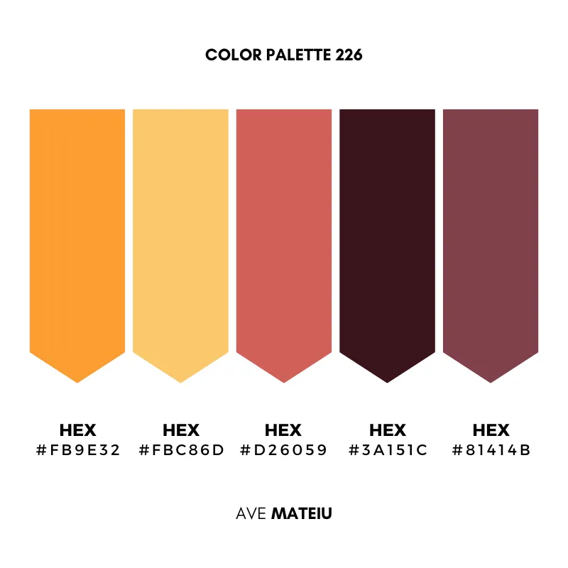 Sunset Tropical Beach with Coconut Palm Tree Color Palette 226 by Ave Mateiu displaying five tropical sunset color swatches with hex codes #FB9E32, #FBC86D, #D26059, #3A151C, and #81414B