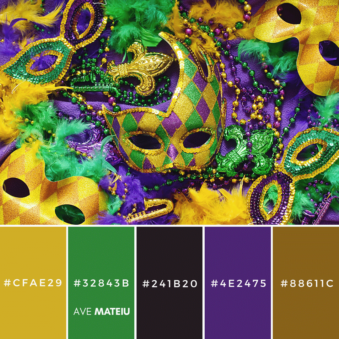 Color Palette 1 with hex codes - 10 Mardi Gras Color Palettes