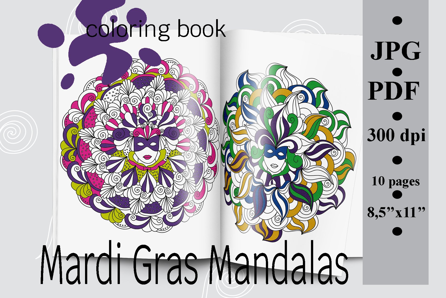 Mardi Gras Mandalas coloring book 10 pages