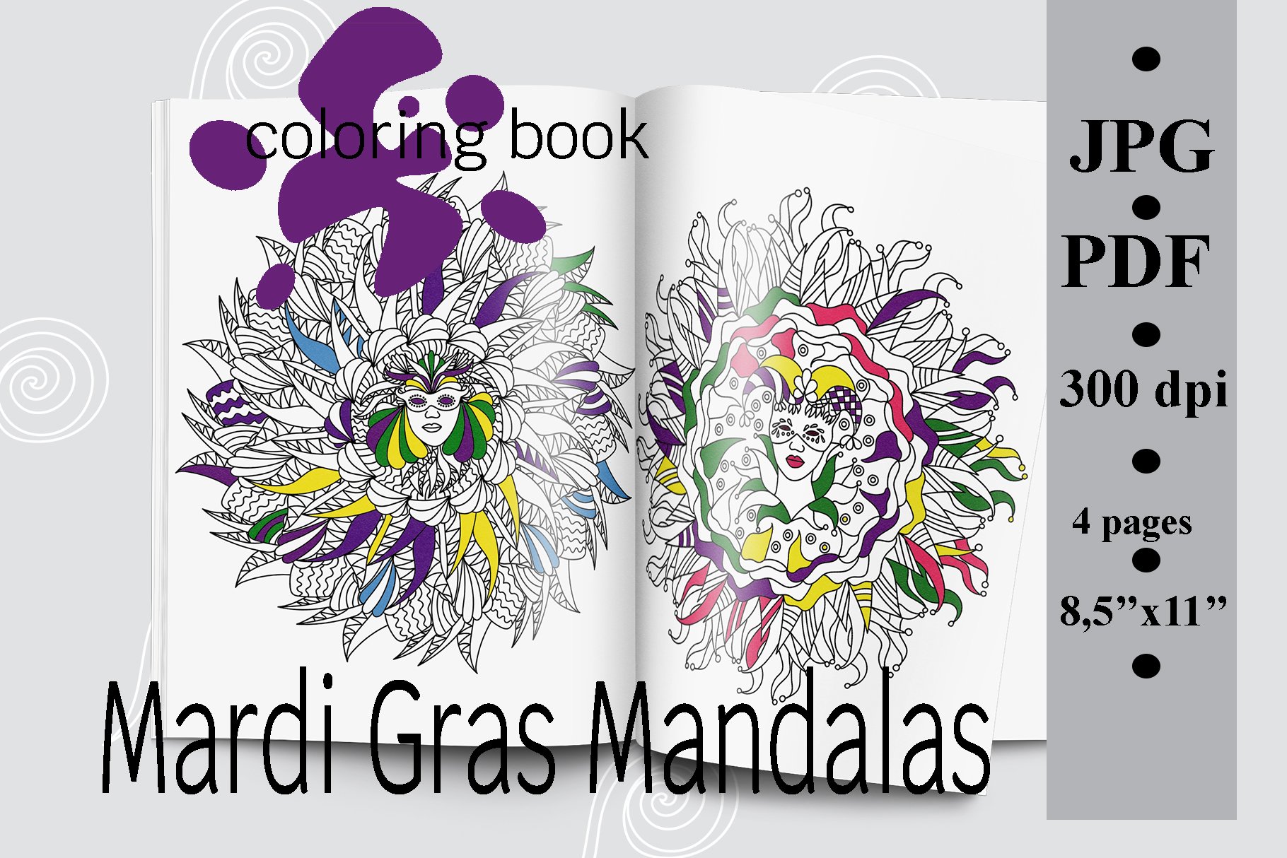 Mardi Gras Mandalas coloring book PDF printable 4 pages