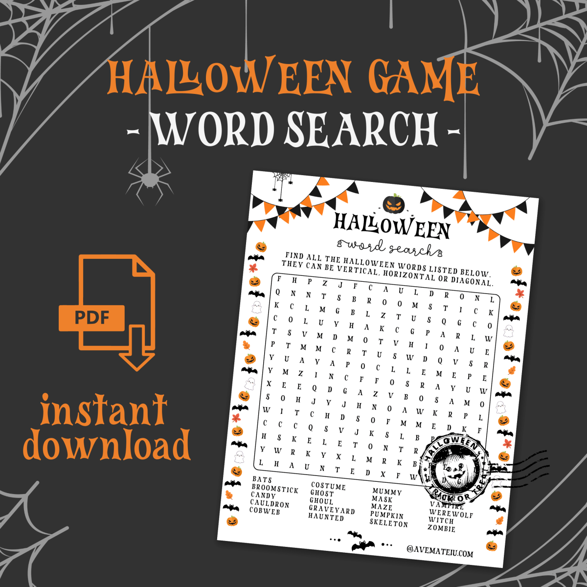 Image featuring the title 'Halloween Word Search Game' and examples of games: Halloween Word Search, and with text: 'instant download'