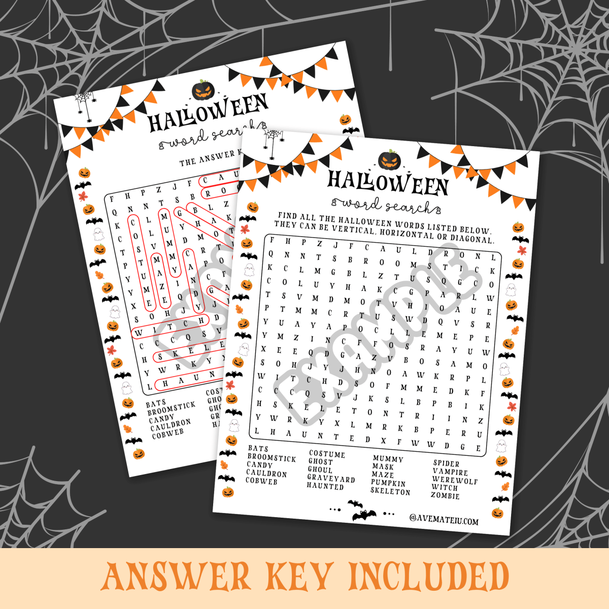 Image featuring the Halloween Word Search game and its answer key, including the title 'Answer Key Included