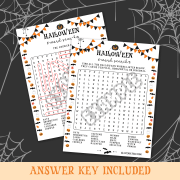 Image featuring the Halloween Word Search game and its answer key, including the title 'Answer Key Included