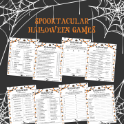 13 Printable Halloween Games and Activities 1 Image with examples of games: Halloween Scavenger Hunt, Halloween True or False, Halloween Scattergories, Halloween Trivia Games, Halloween Charades, Halloween Match the Phobia, Halloween A-Z Race, and Halloween Quick Think