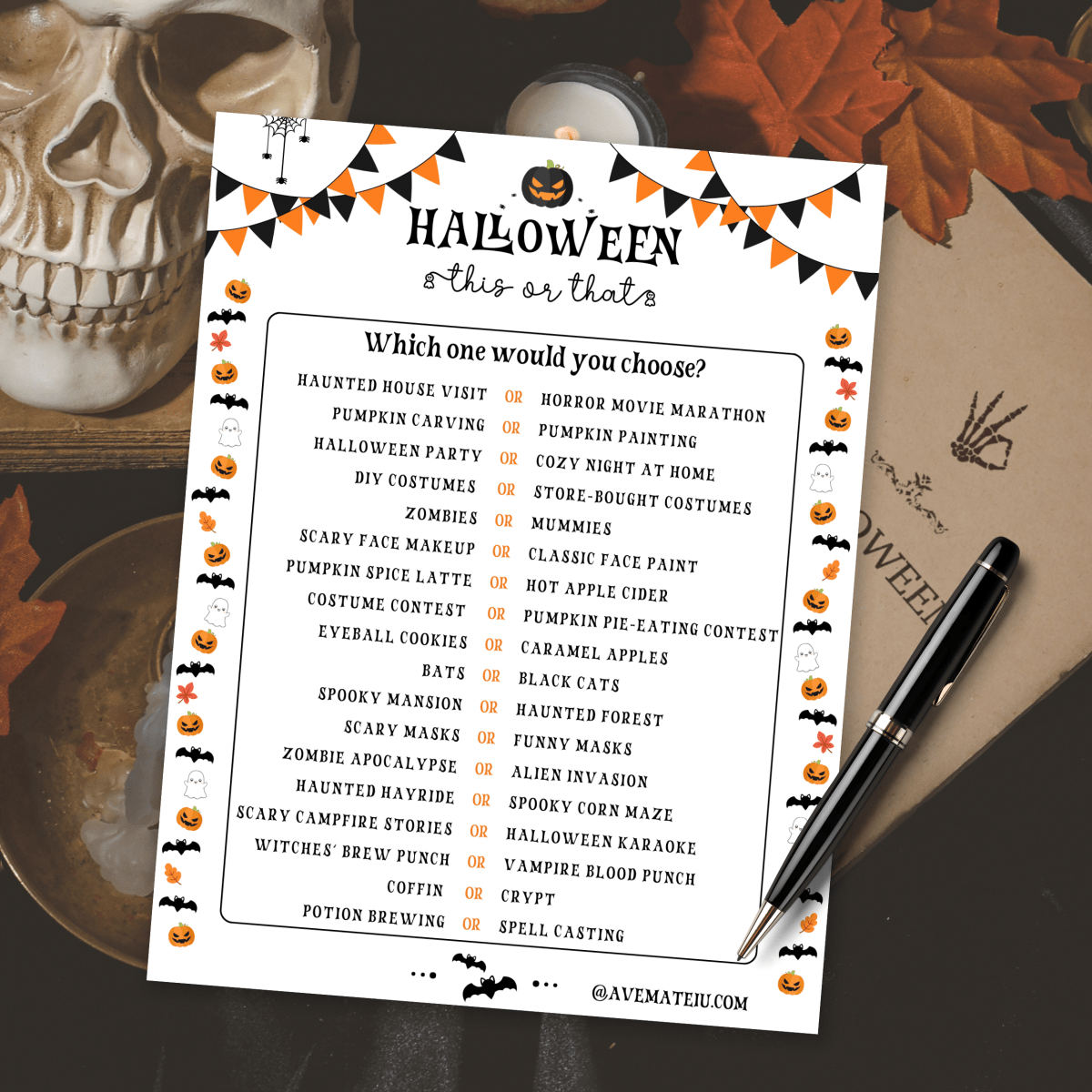 Image displaying a Halloween 'This or That' game with an adjacent pen