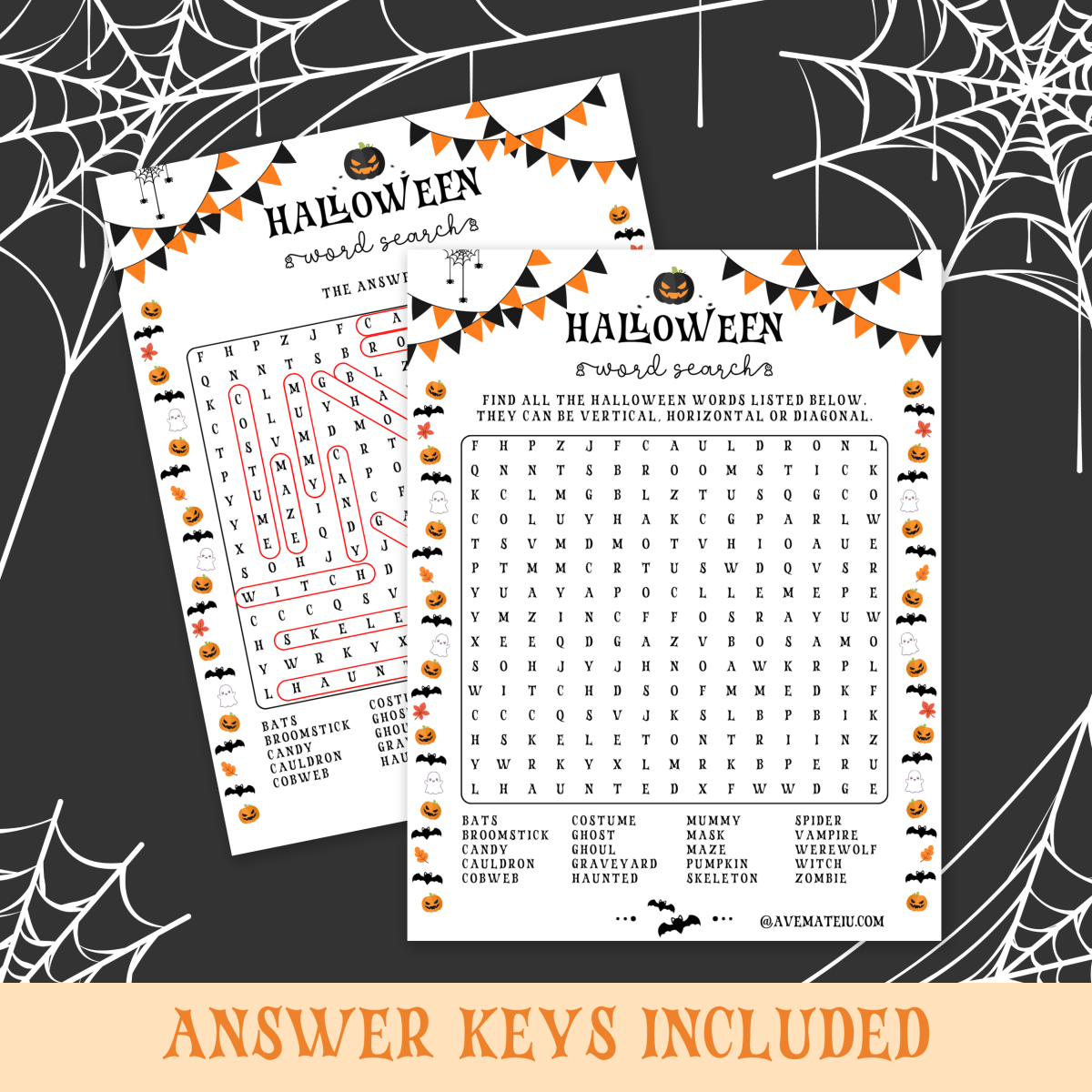 Image featuring the Halloween Word Search game and its answer key, including the title 'Answer Keys Included