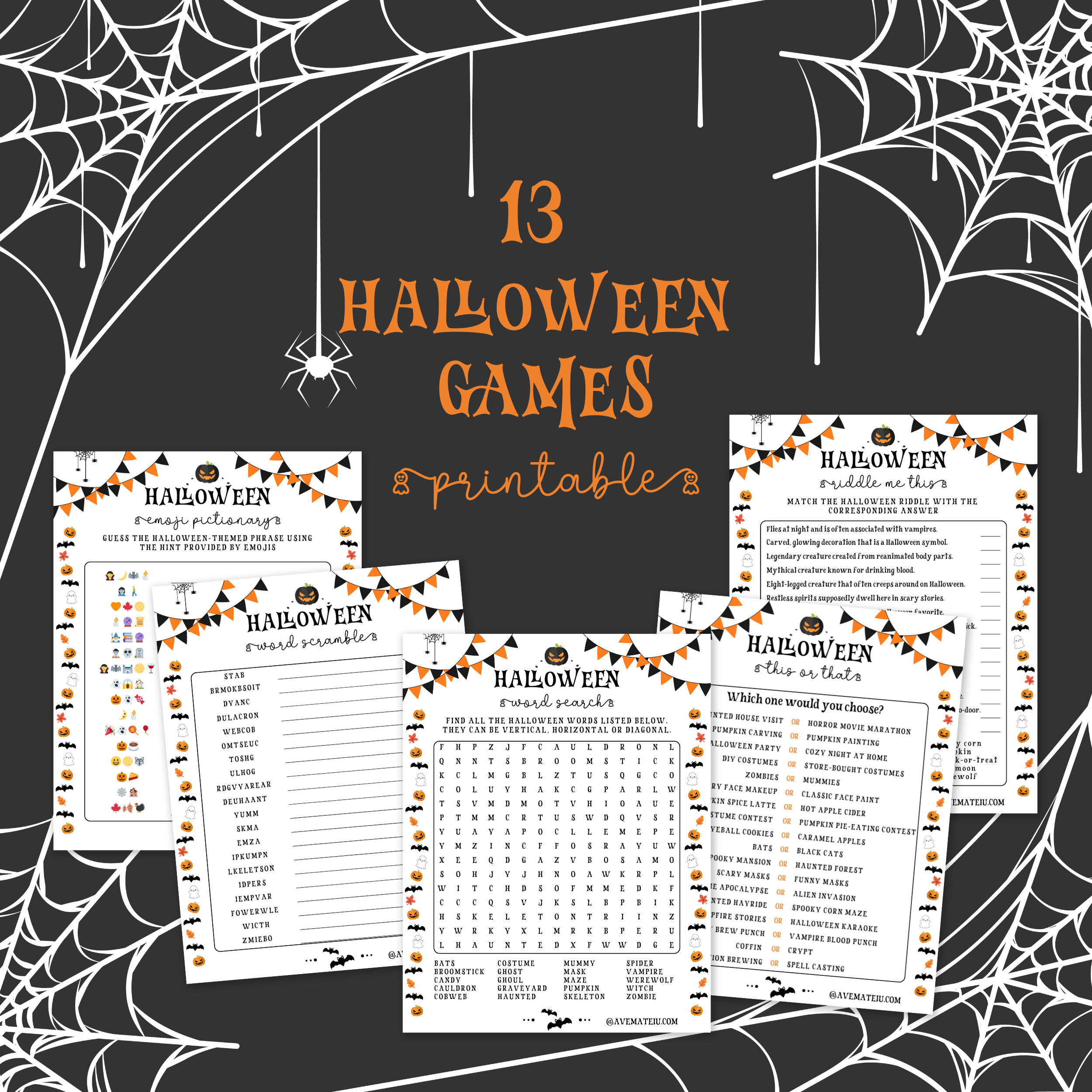 Image featuring the title '13 Printable Halloween Games' and examples of games: Halloween Emoji Pictionary, Halloween Word Scramble, Halloween Word Search, Halloween This or That, Halloween Riddle Me This