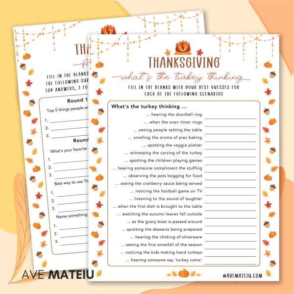 Image displaying two Thanksgiving games: 'Thanksgiving Family Feud' and 'Thanksgiving What's the turkey thinking'