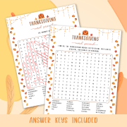 15 Printable Thanksgiving Games and Activities 5 Image featuring the Thanksgiving Word Search game and its answer key, including the title 'Answer Keys Included