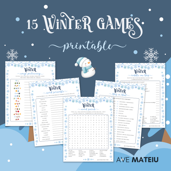 Image featuring the title '15 Printable Winter Games' and examples of games: Winter Emoji Pictionary, Winter Word Scramble, Winter Word Search, Winter This or That, Winter Riddle Me This