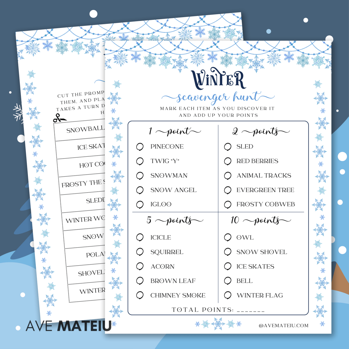 Image displaying two Winter games: 'Winter Charades' and 'Winter Scavenger Hunt'