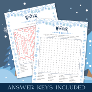 Image featuring the Winter Word Search game and its answer key, including the title 'Answer Keys Included