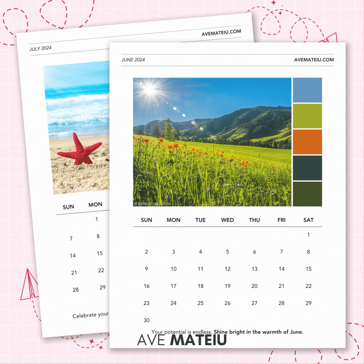 Image featuring examples of printable monthly calendars: June Monthly Calendar and July Monthly Calendar