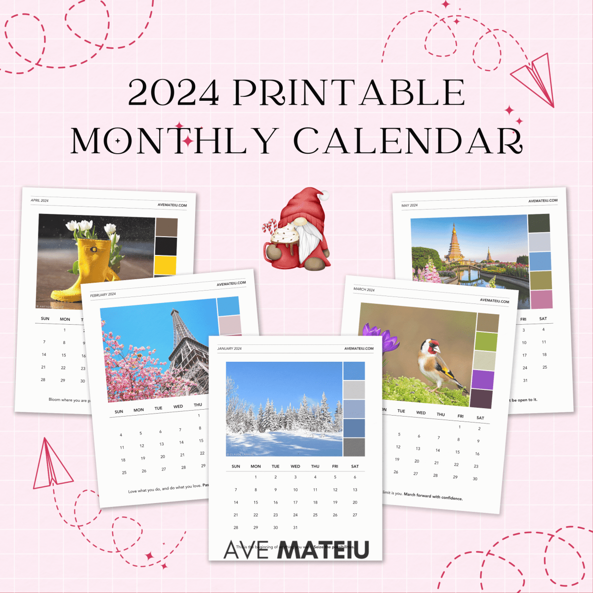 Image featuring the title '2024 Printable Monthly Calendar with Color Palettes and Quotes' and examples of printable monthly calendars: January Monthly Calendar, February Monthly Calendar, March Monthly Calendar, April Monthly Calendar, and May Monthly Calendar