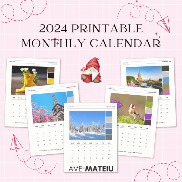 Image featuring the title '2024 Printable Monthly Calendar with Color Palettes and Quotes' and examples of printable monthly calendars: January Monthly Calendar, February Monthly Calendar, March Monthly Calendar, April Monthly Calendar, and May Monthly Calendar