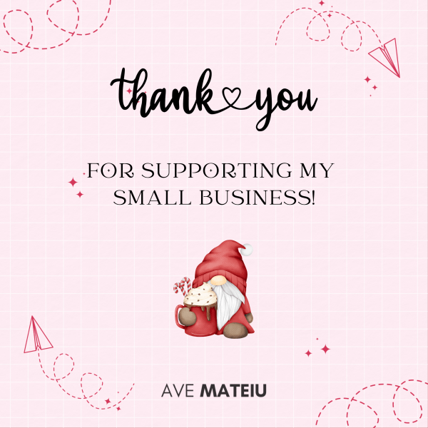 Image with the text 'Thank you for supporting my small business' and a cute gnome