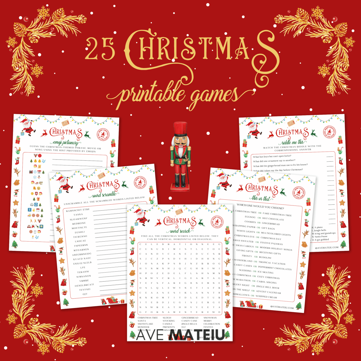 Image featuring the title '25 Printable Christmas Games' and examples of printable games: Christmas Emoji Pictionary, Christmas Word Scramble, Christmas Word Search, Christmas This or That, Christmas Riddle Me This