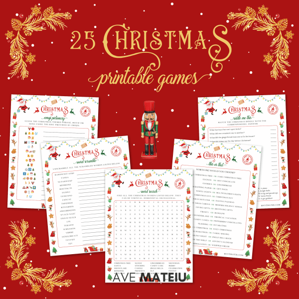 Image featuring the title '25 Printable Christmas Games' and examples of printable games: Christmas Emoji Pictionary, Christmas Word Scramble, Christmas Word Search, Christmas This or That, Christmas Riddle Me This