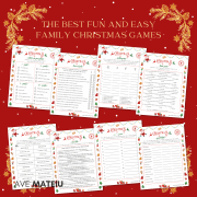 25 Printable Christmas Games and Activities 2 Image featuring the title 'The best fun and easy family Christmas games' and examples of printable games: Christmas What's on your phone, Christmas True or False, Christmas Scattergories, Christmas Trivia Game, Christmas Charades, Christmas Mad Libs, Christmas A Z Race, and Christmas Quick Think