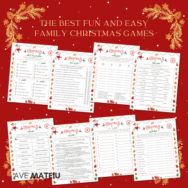 Image featuring the title 'The best fun and easy family Christmas games' and examples of printable games: Christmas What's on your phone, Christmas True or False, Christmas Scattergories, Christmas Trivia Game, Christmas Charades, Christmas Mad Libs, Christmas A Z Race, and Christmas Quick Think