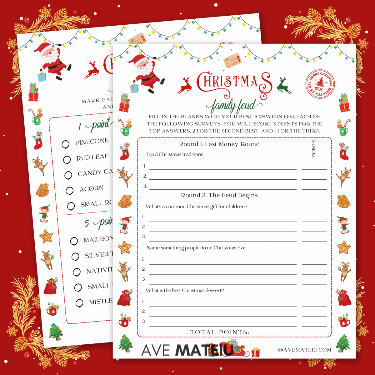 Image displaying two printable Christmas games: 'Christmas Family Feud' and 'Christmas Scavenger Hunt'