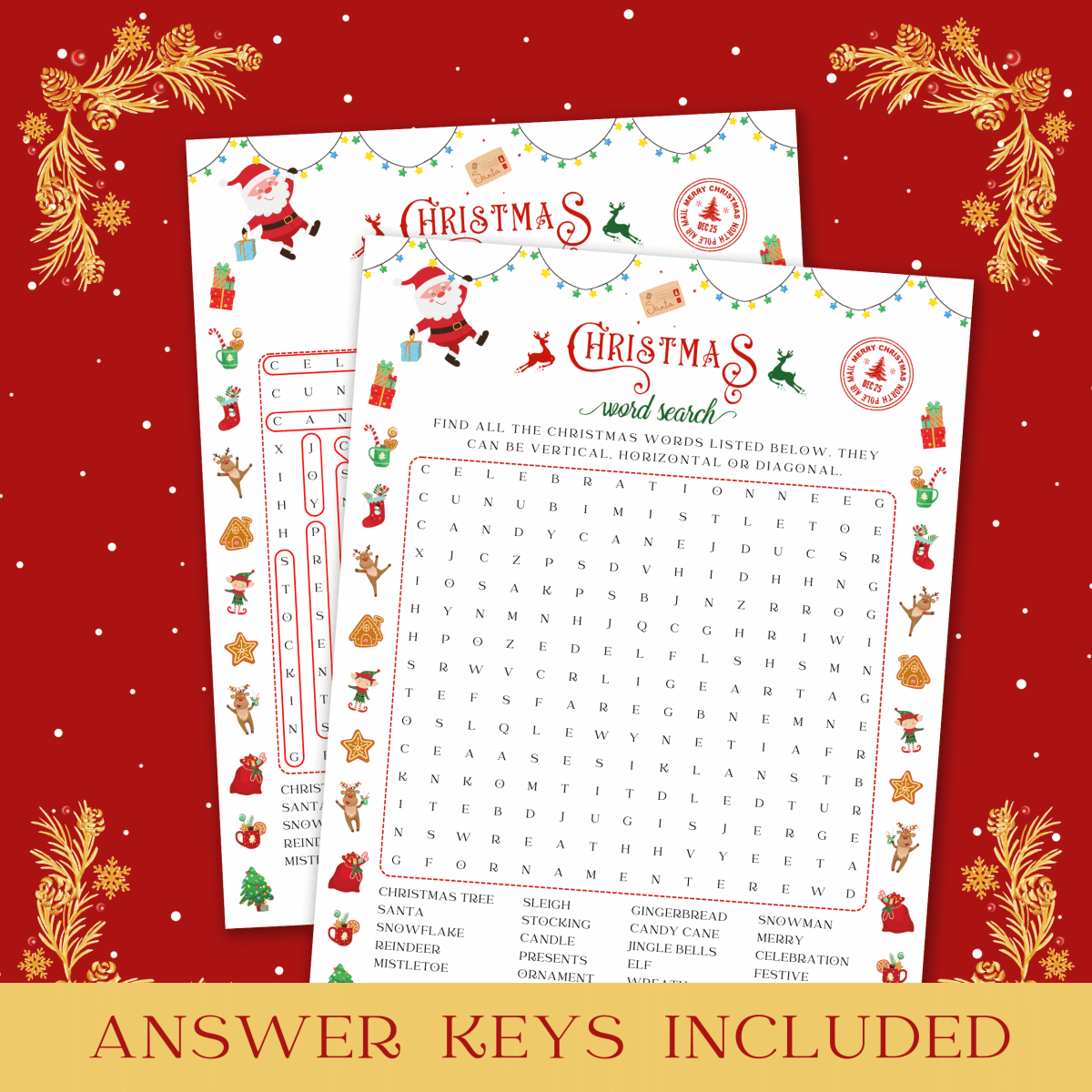 Image featuring the printable Christmas Word Search game and its answer key, including the title 'Answer Keys Included