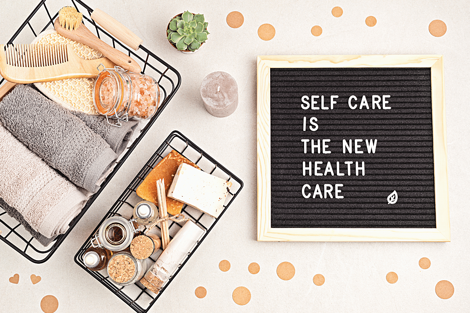 Image featuring a painting that has writing on it the quote 'Self care is the new health care.', emphasizing personal well-being and preventive measures