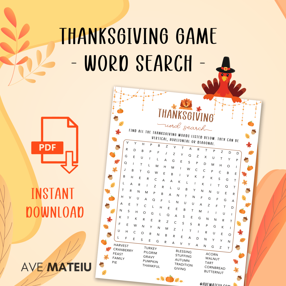 Image featuring the title 'Thanksgiving Word Search Game' and examples of games: Thanksgiving Word Search, and with text: 'instant download'