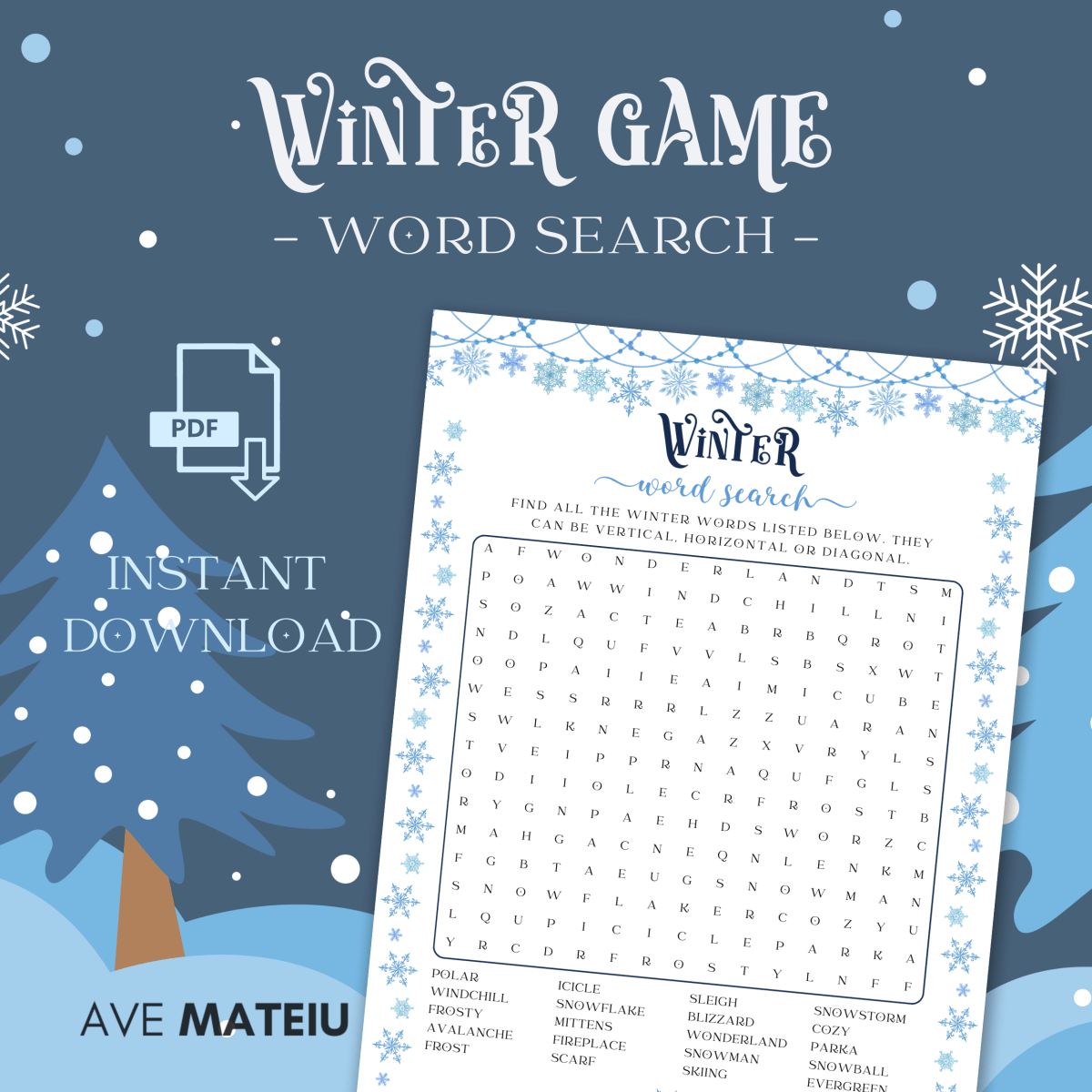 Image featuring the title 'Winter Word Search Game' and examples of games: Winter Word Search, and with text: 'instant download'